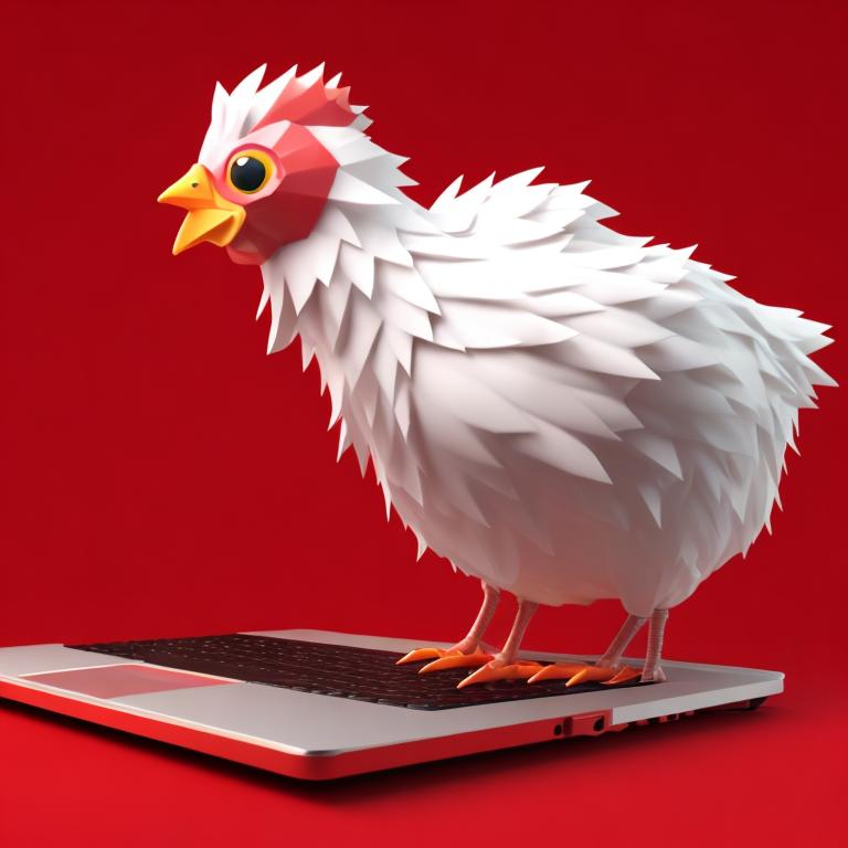 Prompt: <mymodel> a 3D render of a kawaii chicken using a laptop on a red background