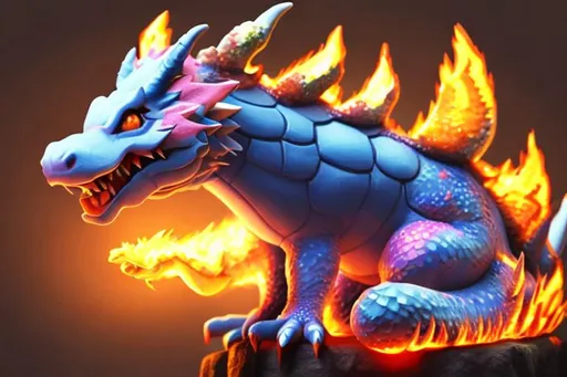 Prompt: <mymodel> a 3D render kawaii dragon painting on fire background