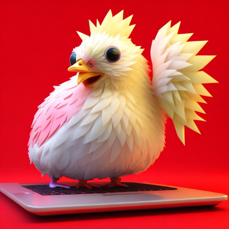 Prompt: <mymodel> a 3D render of a kawaii chicken using a laptop on a red background