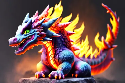 Prompt: <mymodel> a 3D render kawaii dragon painting on fire background