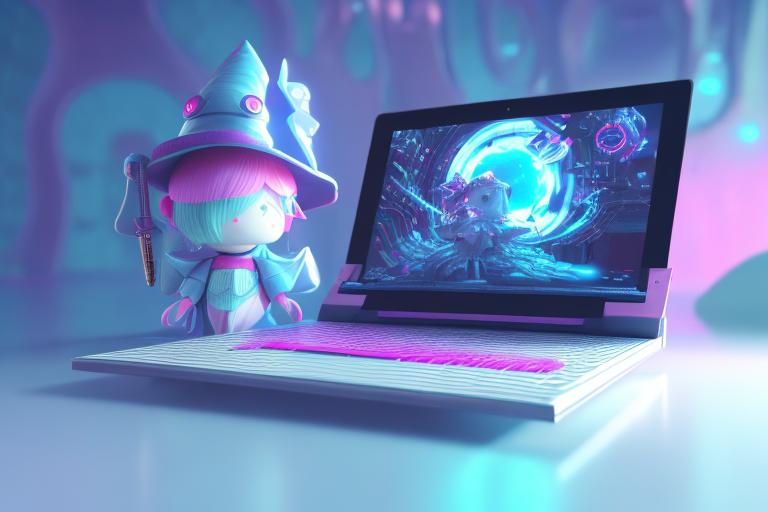 Prompt: <mymodel> a 3D render futuristic laptop with a kawaii wizard on a simple background