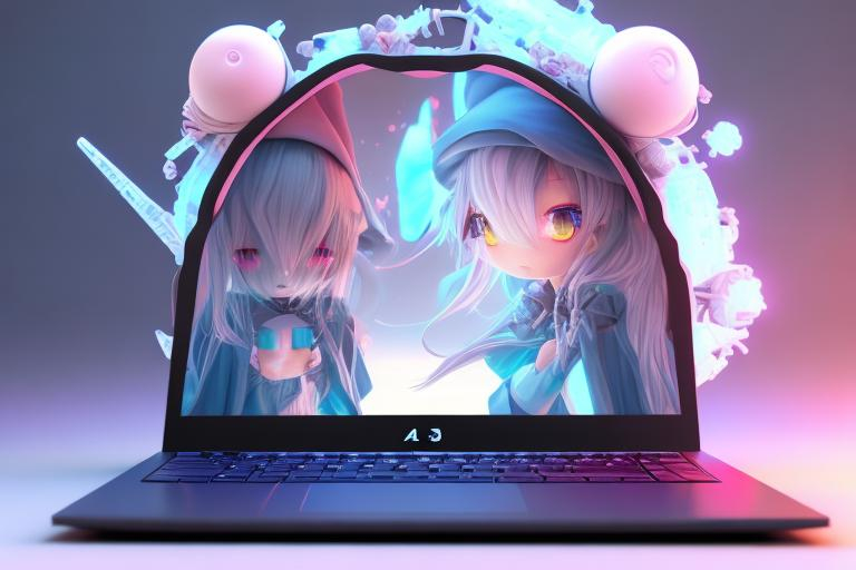 Prompt: <mymodel> a 3D render futuristic laptop with a kawaii wizard on a simple background