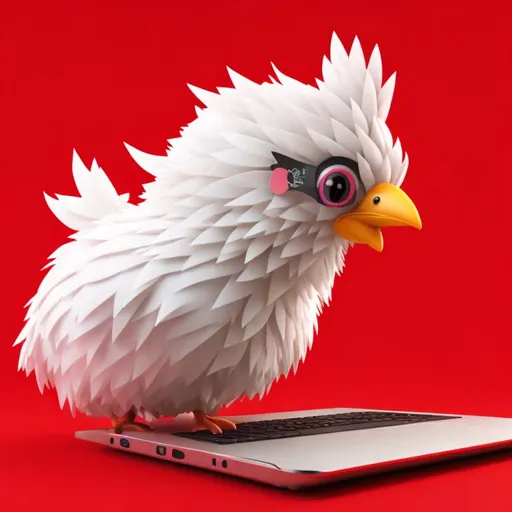 Prompt: <mymodel> a 3D render of a kawaii chicken using a laptop on a red background