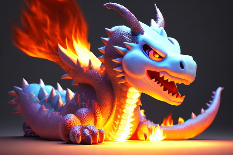 Prompt: <mymodel> a 3D render kawaii dragon painting on fire background