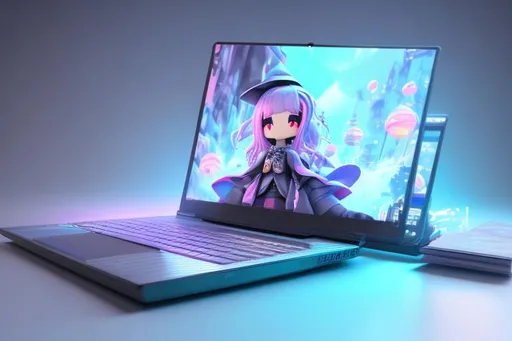 Prompt: <mymodel> a 3D render futuristic laptop with a kawaii wizard on a simple background