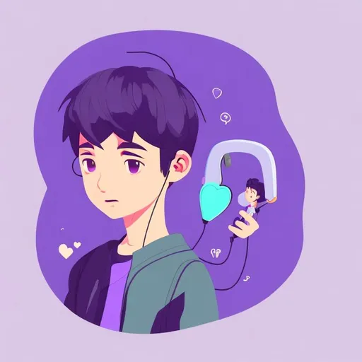 Prompt: <mymodel> a graphist boy with hearphone, flat illustration, purple background