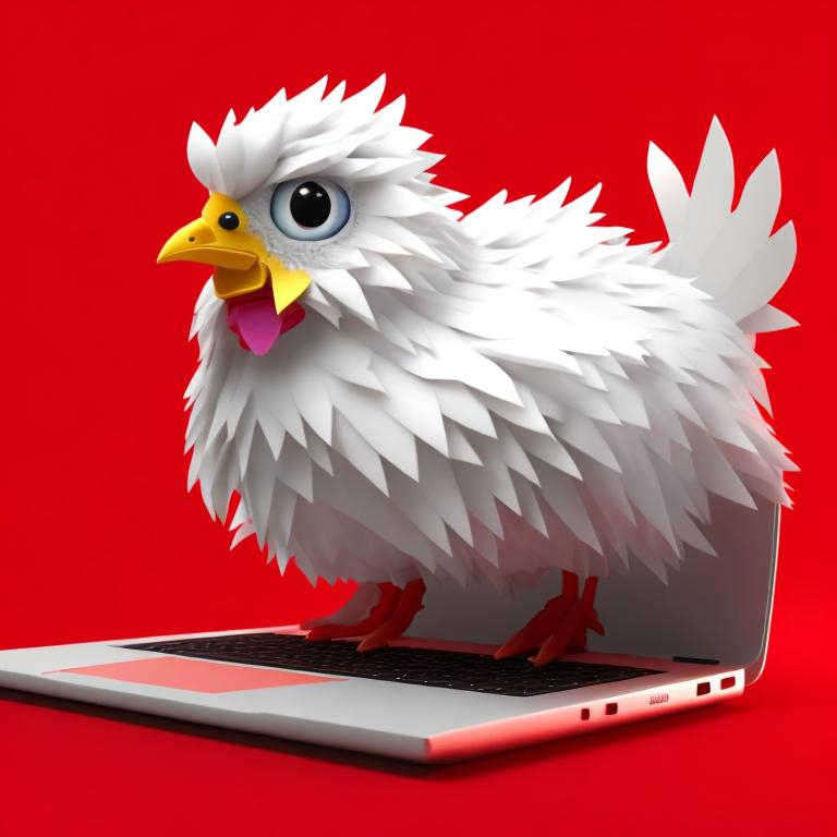 Prompt: <mymodel> a 3D render of a kawaii chicken using a laptop on a red background