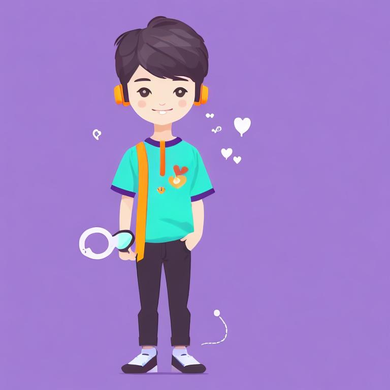 Prompt: <mymodel> a graphist boy with hearphone, flat illustration, purple background