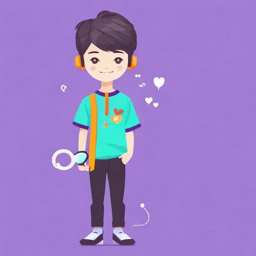 Prompt: <mymodel> a graphist boy with hearphone, flat illustration, purple background