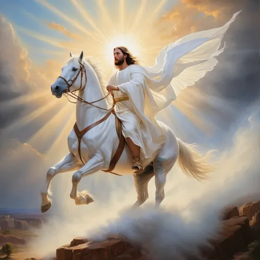 Prompt: Jesus Christ returning from heaven, riding a white stallion, divine glow emanating, flowing robes and majestic sash, heavenly landscape below, epic and majestic, oil painting, detailed heavenly rays, high quality, realistic, divine, majestic, heavenly, white stallion, flowing robes, glowing aura, divine sash, oil painting, epic lighting