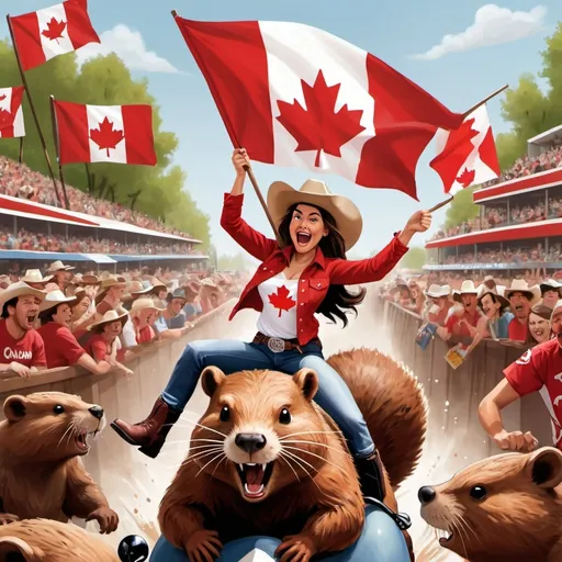 Prompt: A cartoon-style image of a Canadian female wearing casual red and white cowgirl  attire with a cowboy hat, while riding on the back of an angry brown beaver at a crowded rodeo competition with cheering fans. In one hand, the female is holding a Canadian maple leaf flag. In the other hand, she is holding a Molson Canadian Beer Bottle. The woman has a look of excitement and fear on her face as the beaver is throwing her off it's back, and the beer is spilling.  “Canadians In Austin” is printed across the front of her shirt. 