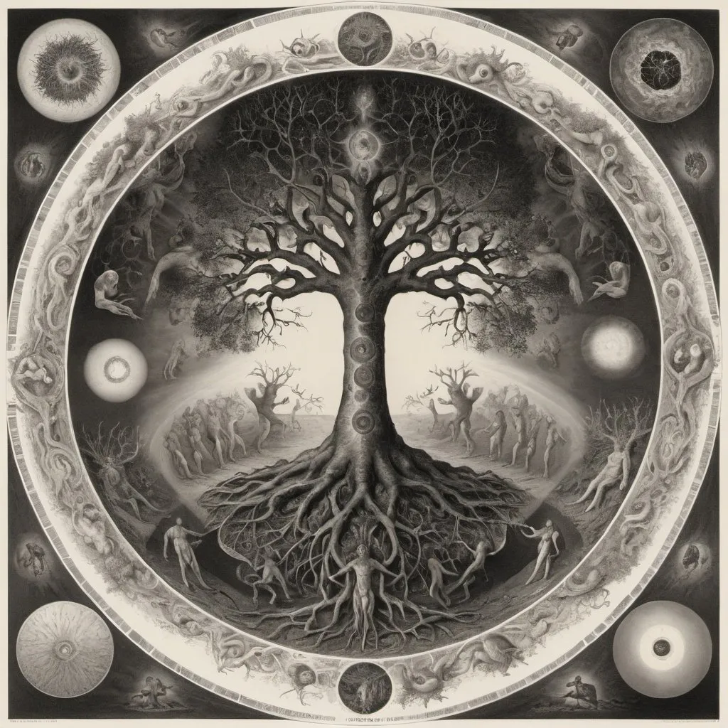 Prompt: Spiral circle of evolutions of lifeforms seen from the center upward with a singularity in the middle
I'm the style of Gustav dore
With all the lifeforms in the tree of life existing evolving and dieing out over billions of years