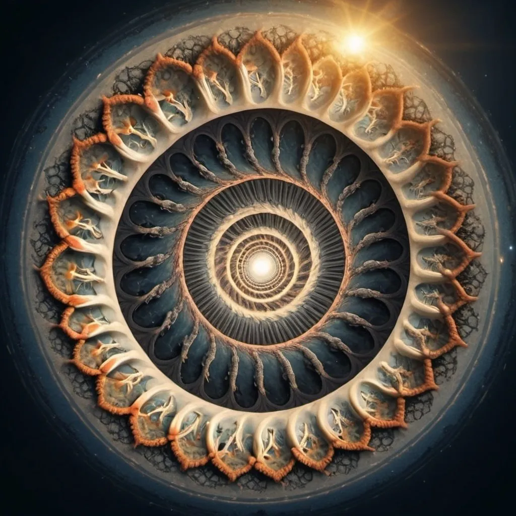 Prompt: Spiral circle of evolutions of lifeforms seen from the center upward with a singularity in the middle