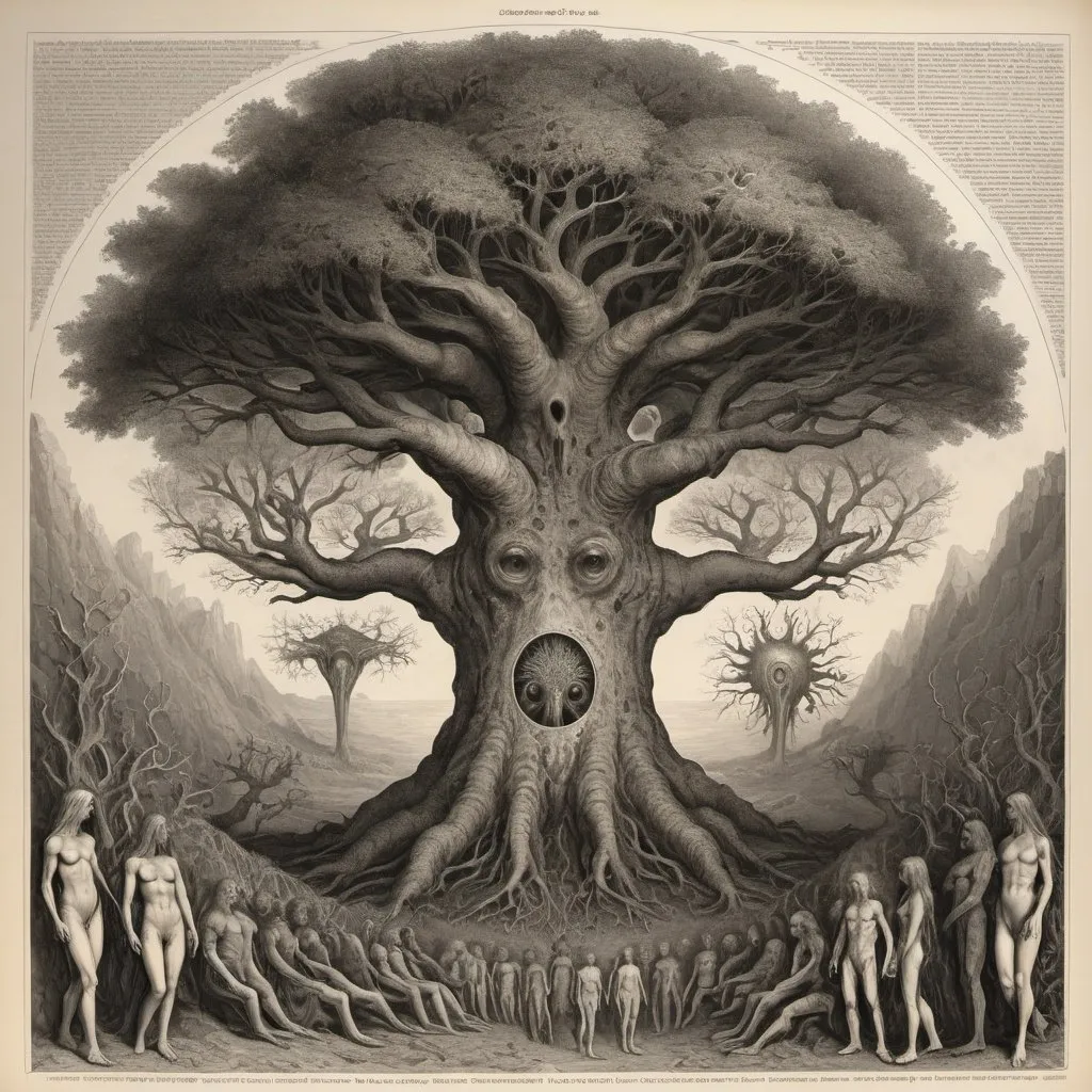 Prompt: Evolutions of lifeforms with a singularity in the middle
I'm the style of Gustav dore
With all the lifeforms in the tree of life existing evolving and dieing out over billions of years aliens included