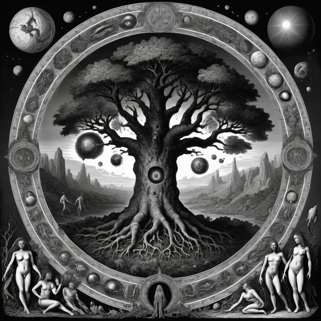 Prompt: Evolutions of lifeforms with a singularity in the middle
I'm the style of Gustav dore
With all the lifeforms in the tree of life existing evolving and dieing out over billions of years aliens included