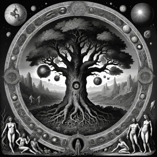 Prompt: Evolutions of lifeforms with a singularity in the middle
I'm the style of Gustav dore
With all the lifeforms in the tree of life existing evolving and dieing out over billions of years aliens included