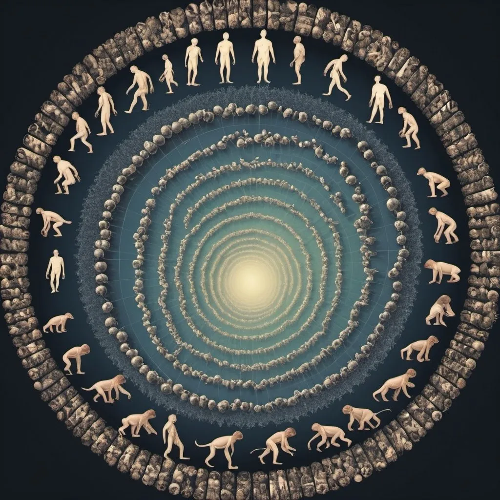 Prompt: Evolution from single cell life with man in the middle with fifty iterations in front and behind progressing through time
In the style of the march of progress 