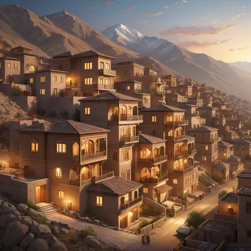 Prompt: Realistic illustration of a Kurdish-inspired cityscape, traditional architectural design, mountainous landscape, high-rise buildings with Kurdish traditional house, intricate details, realistic style, natural color palette, warm lighting, professional quality, detailed mountains, traditional atmosphere, city in the mountains, architectural heritage, realistic portrayal, high buildings, Kurdish traditional house, mountainous landscape, traditional atmosphere, realistic style, natural color palette, warm lighting, professional quality