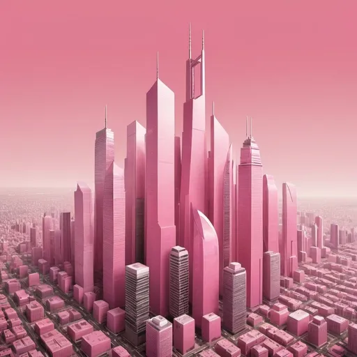 Prompt: Create an image of a modern cityscape filled with skyscrapers. On top of each skyscraper, place the Housi logo in the form of a pin. The overall tone of the city should have a slight pink hue to match the Housi brand color. The scene should be vibrant and futuristic, with clear skies and a slight pink tint to the buildings and surroundings."

