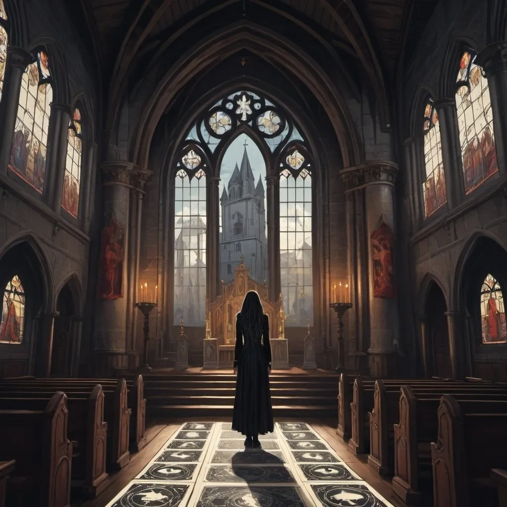 Prompt: tarot card illustration, a person inside a gothic styled church or castle 