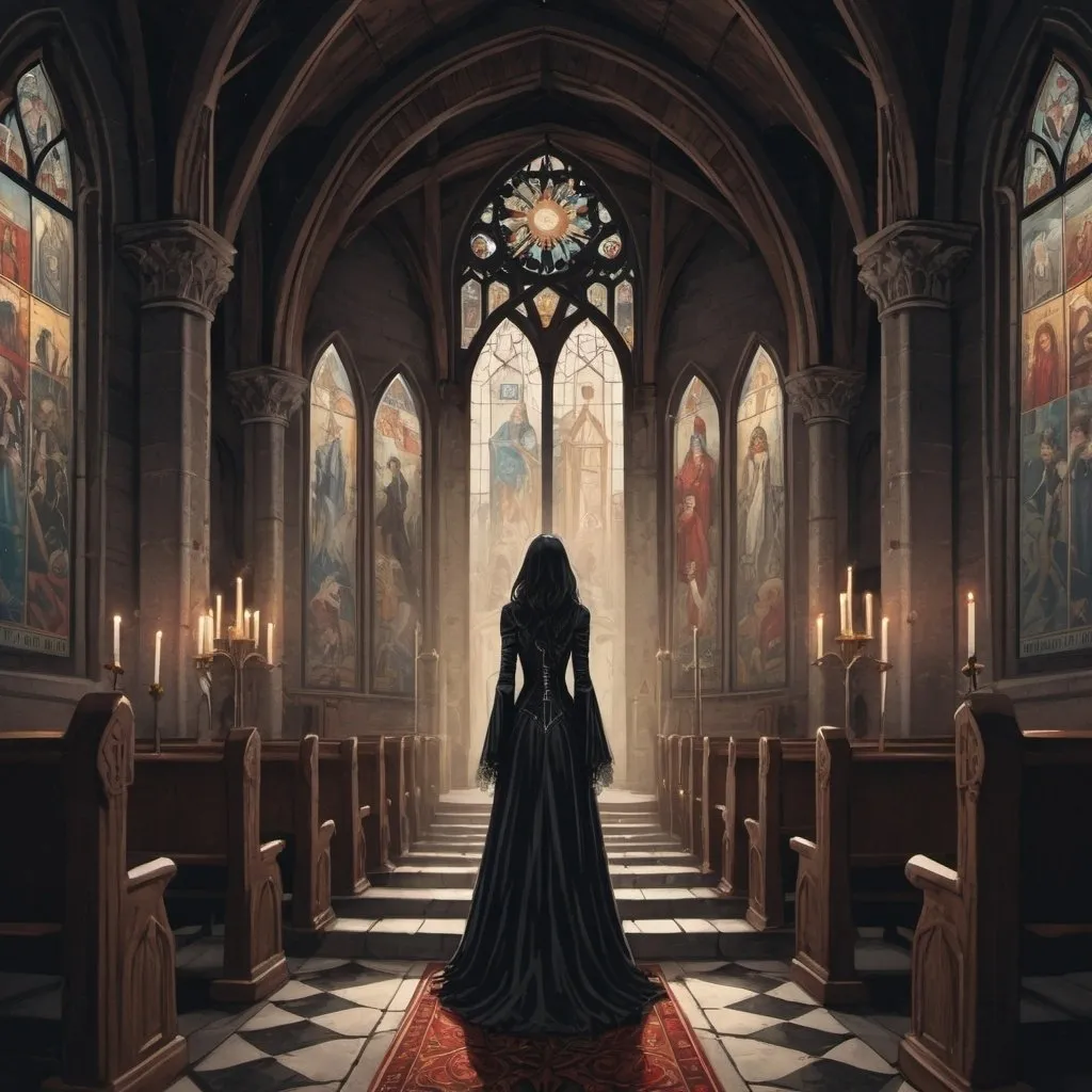 Prompt: tarot card illustration, a person inside a gothic styled church or castle 