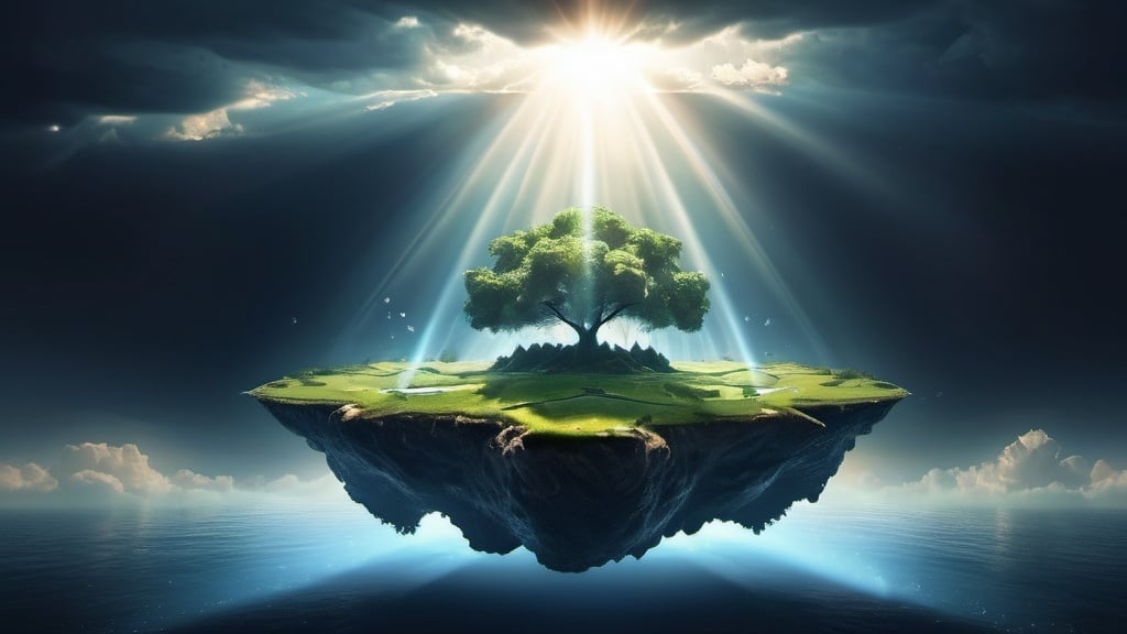 Prompt: Desktop Wallpaper. Atmospheric Scene. God Rays Lighting. The World inside a computer. Floating Island