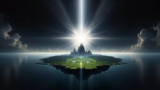 Prompt: Desktop Wallpaper. Atmospheric Scene. God Rays Lighting. The World inside a computer. Floating Island. Dark Background. Symmetrical.