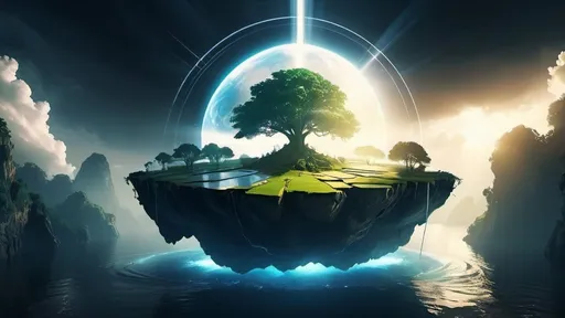 Prompt: Desktop Wallpaper. Atmospheric Scene. God Rays Lighting. The World inside a computer. Floating Island