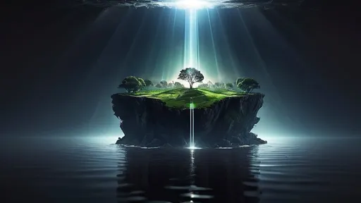 Prompt: Desktop Wallpaper. Atmospheric Scene. God Rays Lighting. The World inside a computer. Floating Island. Dark