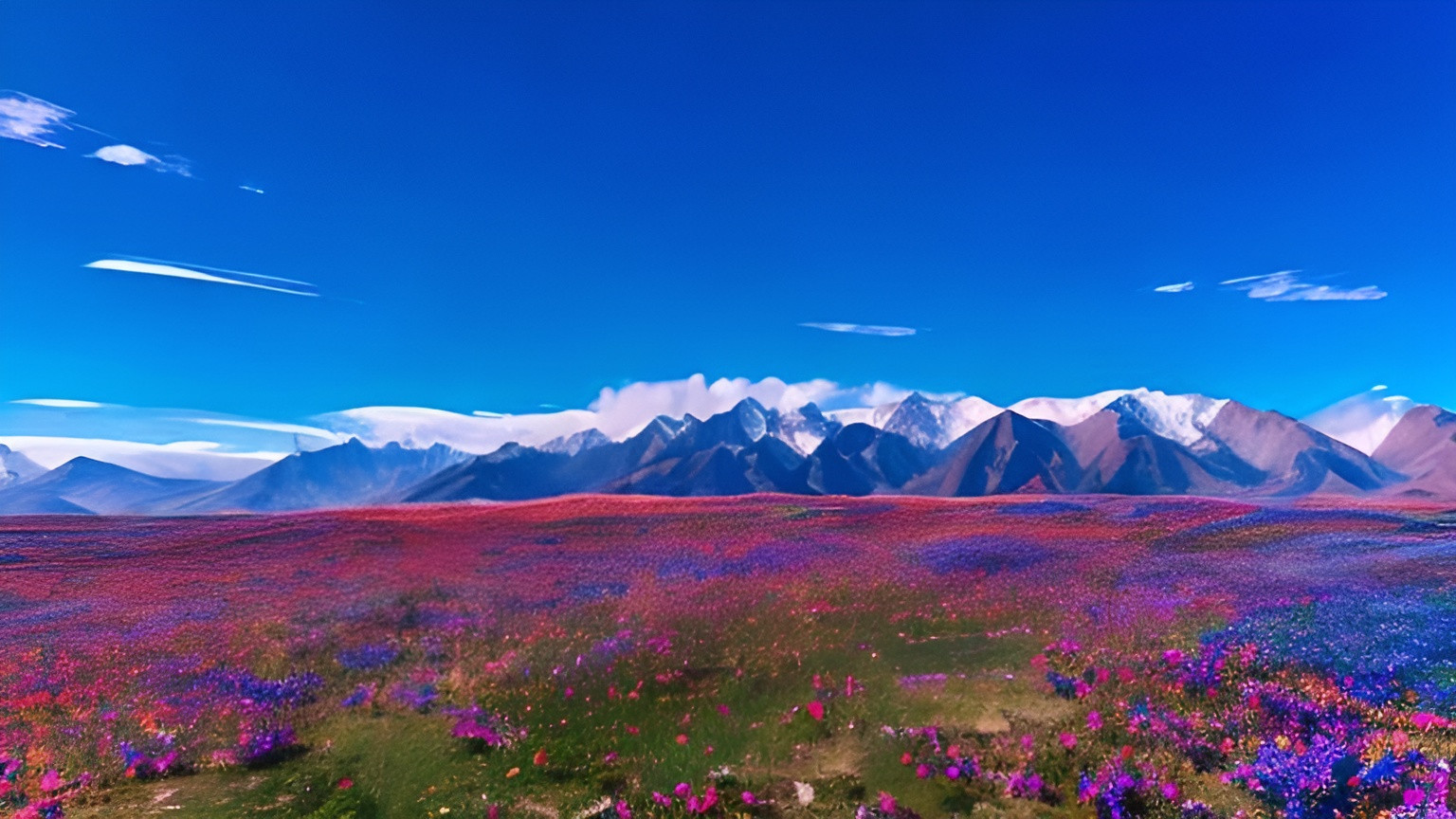 Prompt: Countless colorful Flowers blossom under the blue sky, with mountains covered by snow about 2 kilometers away. 

The land is fully flat. The sky is with varianting color from blue to rainbow color.