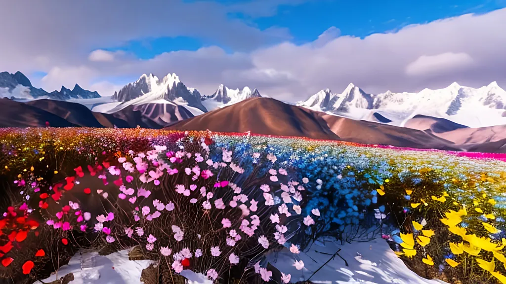 Prompt: Countless colorful Flowers blossom under the blue sky, with mountains covered by snow about 2 kilometers away. 
The land is entirely flat. The sky has various colors, changing from blue to rainbow. 
