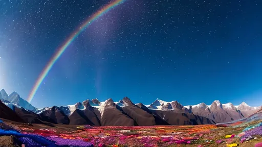 Prompt: Countless colorful Flowers blossom under the blue sky, with mountains covered by snow about 2 kilometers away. 
The land is entirely flat. The sky has various colors, changing from blue to rainbow. 