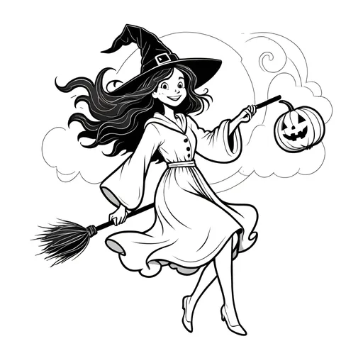 Prompt: Witch riding a broomstick with a pumpkin in her hand: Create a young funny cheerful witch flying on a broomstick, holding a small pumpkin. The image should be outlined with no fill and color. Backgroud should be white