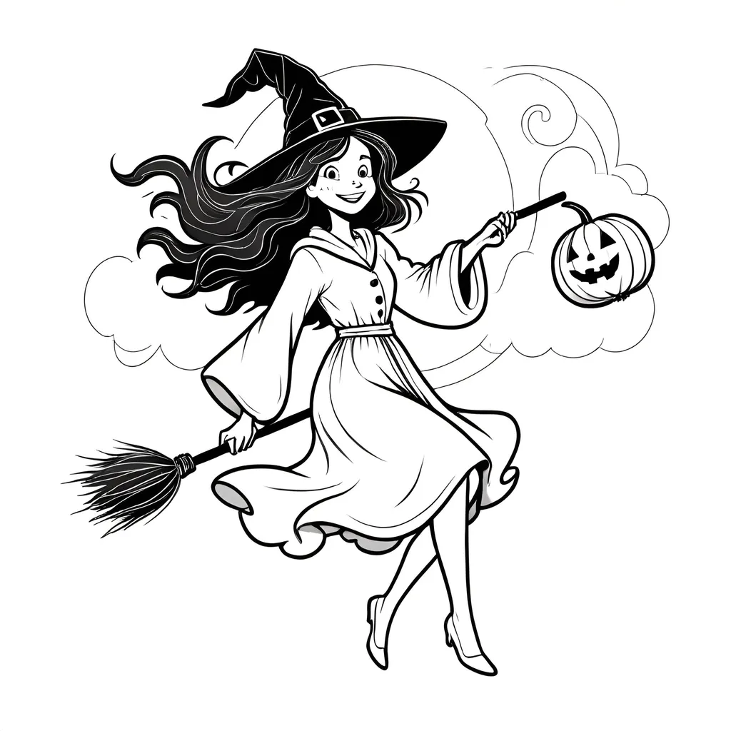 Prompt: Witch riding a broomstick with a pumpkin in her hand: Create a young funny cheerful witch flying on a broomstick, holding a small pumpkin. The image should be outlined with no fill and color. Backgroud should be white