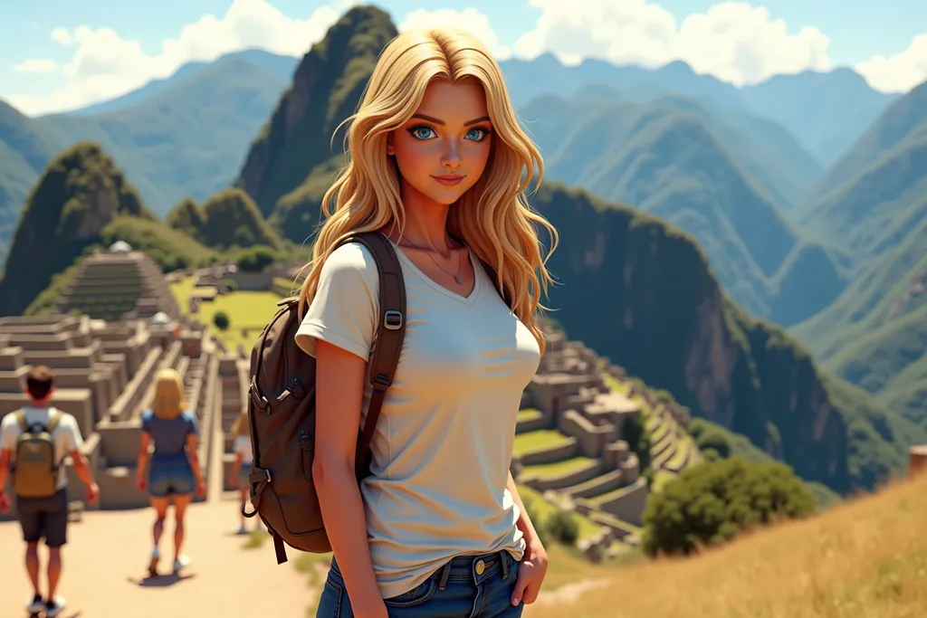 Prompt: semi-realistic digital blonde female 28c19006 with long blonde hair, light skin, white t-shirt, blue jeans, white sneakers posing for a candid photo in front of a famous landmark (such as the Eiffel Tower, Machu Picchu, or the Taj Mahal), dressed in backpacker style with a casual outfit, sturdy hiking boots, and a well-worn backpack, joyful and adventurous expression, wind in their hair or sun on their face, scenic background capturing the beauty and scale of the location, soft natural lighting (golden hour or bright daylight), travel adventure theme, subtle dust or lens flare for atmosphere, other travelers or locals in the distant background, sense of freedom and wanderlust, storytelling composition that evokes exploration and discovery.
