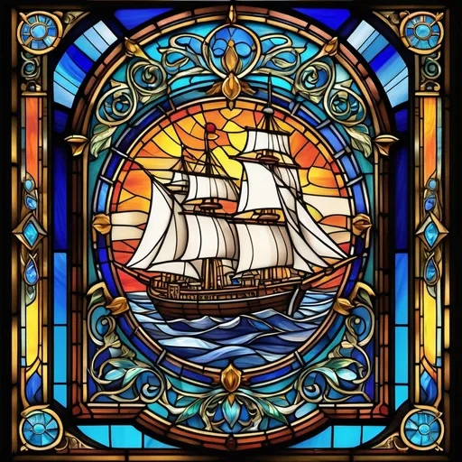 Prompt: (accurately spelled text "Fiver Rivers"), stained glass style book cover art, intricate designs showcasing (sailing ships), vibrant colors, light filtering through the glass, bringing shadows and reflections, ornate frames, fantasy-inspired, warmth and allure of adventure, high contrast, detailed craftsmanship, captivating composition, ultra-detailed, ready for display.