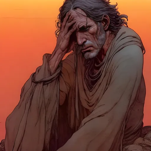 Prompt: An ancient man sitting alone in wilderness / hands over his face in grief / lament, anguish

style of moebius / style of jean giraud / 
