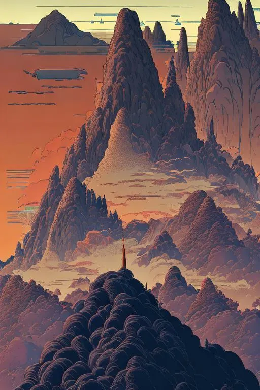 Prompt: simple illustrative style / artistic style of jean giraud / artistic style of Mœbius / mountain landscape background
