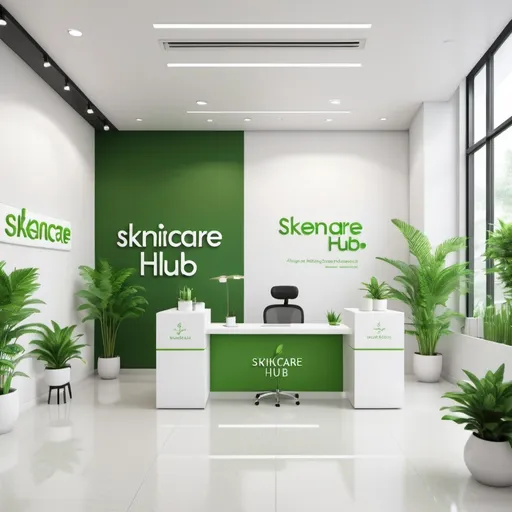 Prompt: (accurately spelled text "Skincare Hub"), office interior, modern design, vibrant green and crisp white color palette, serene atmosphere, clean lines, stylish furniture, bright and airy lighting, inspiring workspace, subtle greenery accents, welcoming ambiance, ultra-detailed, 4K quality.