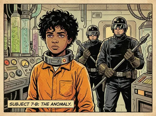 Prompt: Mixed race 15 year old boy in orange jumpsuit with black curly hair and purple eyes with a collar on  in a lab with guards with helmets and visors, in the style of Jack Kirby and Wally Wood, 1940s vintage comic, faded colors