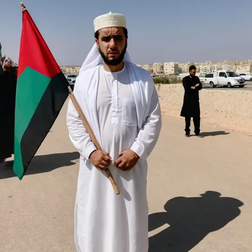 Prompt: A sad image of a lonely man with a frown on his face and sad expressions standing from far wearing a white qamis while holding the libyan flag 🇱🇾 in his hand 