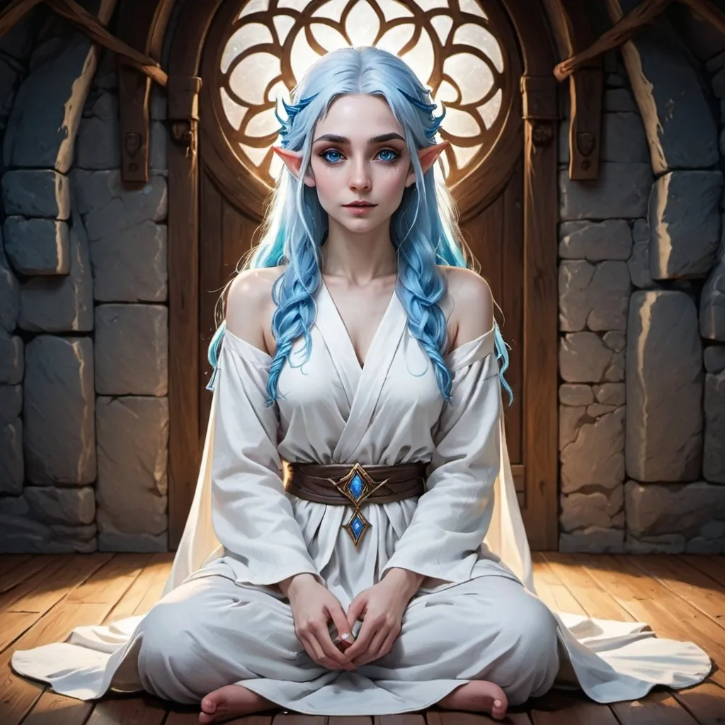 Prompt: a beautiful elven girl sitting on a hardwood floor in a stone  featureless room. She is pretty and wearing flowing white robes and has blue hair. her eyes are without pupils and shine bright white-blue light which illuminates part of her face