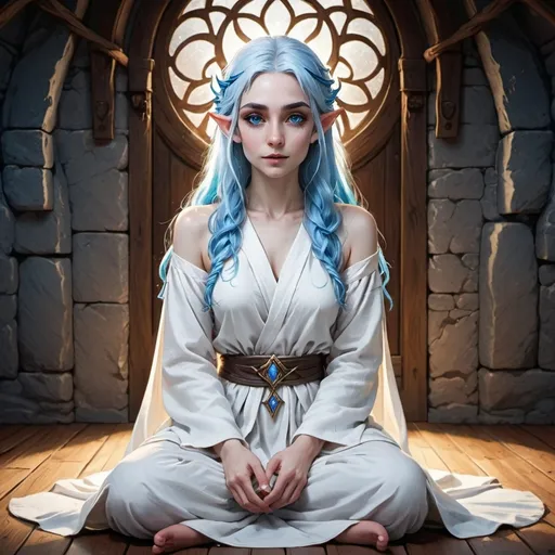 Prompt: a beautiful elven girl sitting on a hardwood floor in a stone  featureless room. She is pretty and wearing flowing white robes and has blue hair. her eyes are without pupils and shine bright white-blue light which illuminates part of her face