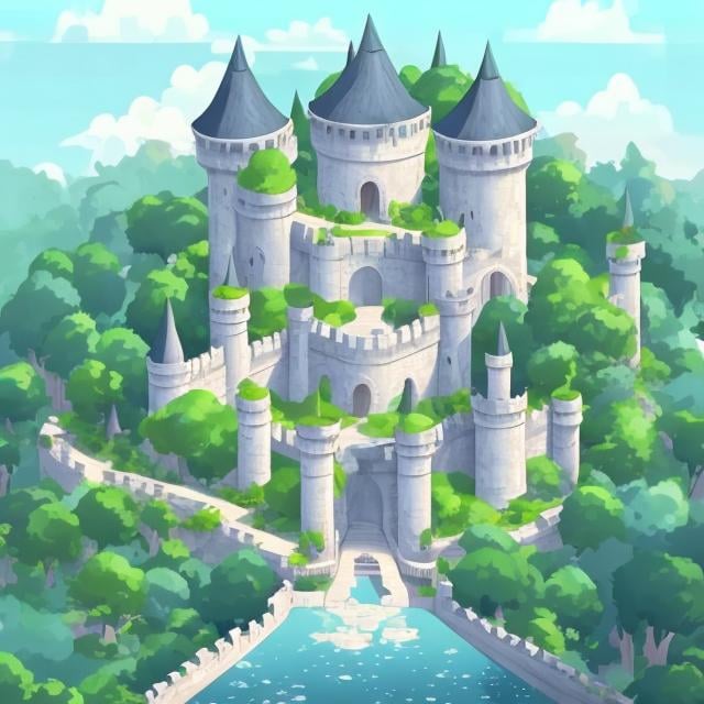 Prompt: Make a art of a castle with white walls in a forest surrounded by trees in anime style 