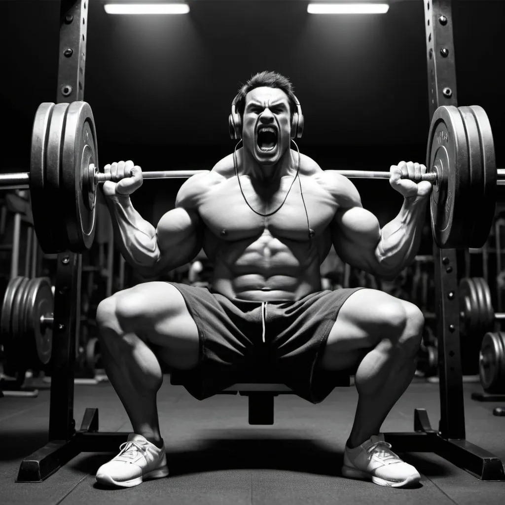 Prompt: I want to create a black and white comic sketch of an ancient warrior in modern practice of lifting weights in a gym. Make him sitting in front of heavy weights with headphones, looking like he’s getting fired up with music before lifting the weight