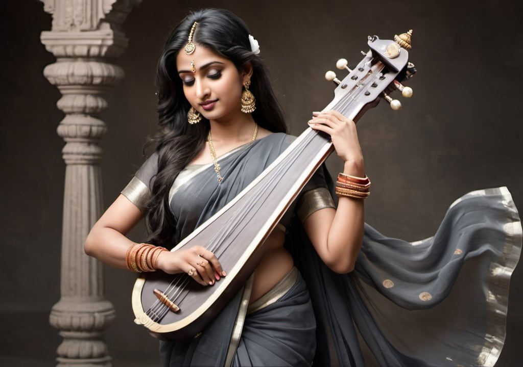 Prompt: Indian god saraswati wearing a transparent dark grey colour saree.