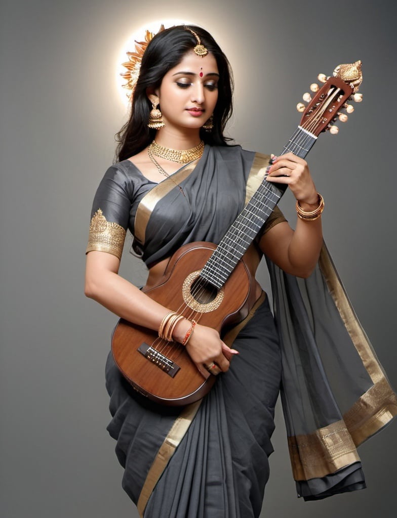 Prompt: Indian god saraswati wearing a transparent dark grey colour saree.