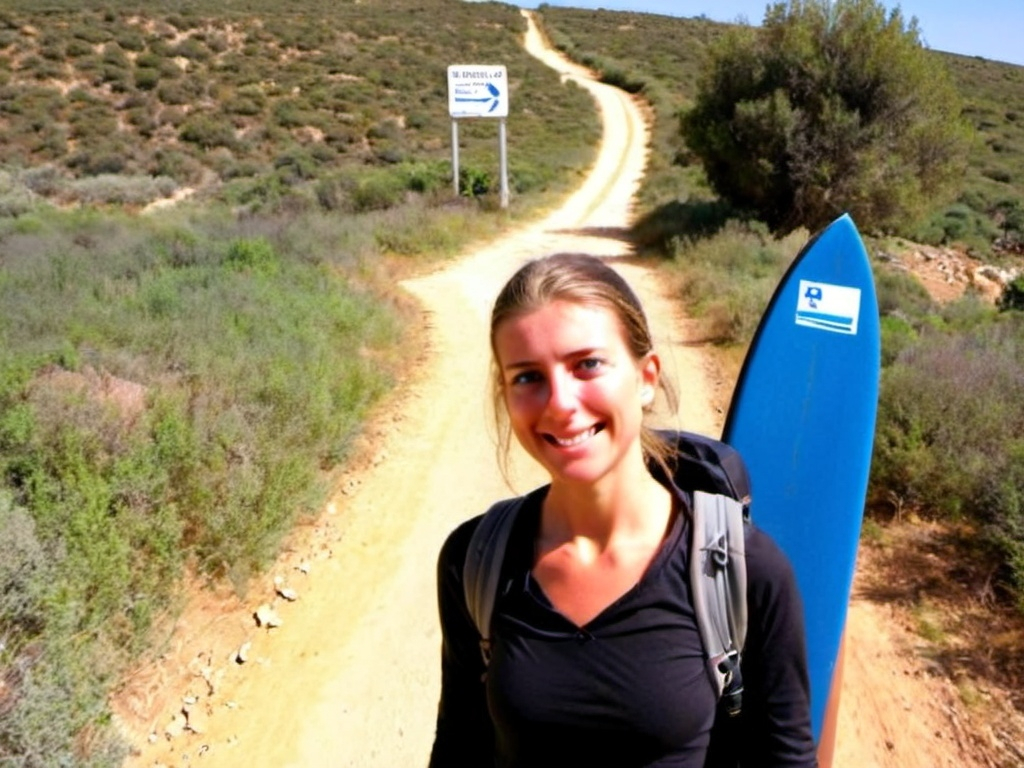 Prompt:  front image of a man looking like in the style reference, walking along side a woman with my face, in the Israeli national trail (please add the road sign of the Israeli national trail), both equipped with backpacks, the woman with my face additionally carrying a surf- board in her arm.