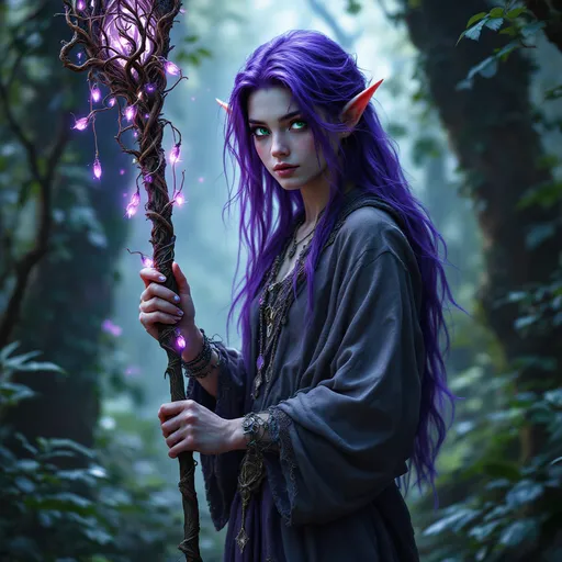 Prompt: realistic tiefling with purple hair, young adult appearance, holding a beautifully carved quarterstaff, intricate vines entwined around the staff, magical aura surrounding, mystical forest background with dappled sunlight filtering through the leaves, vibrant greens and deep purples contrasting, serene and enchanting atmosphere, highly detailed features, expressive eyes, 4K resolution, ultra-detailed.