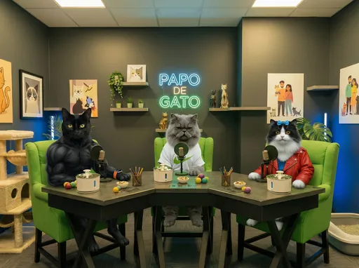 Prompt: @99ZjuqpyvMJjNkx3rQqP is seating on the left handside chair of the podcast studio (reference).
@rKpU5wORjeWZKV999c3v is seating on the middle chair of the podcast studio (reference).
@YXN7tJS13lE7sCtAefT6 is seating on the right handside chair  of the podcast studio (reference).All of them on the chair and with front paws on the table, seating in an anthropomorphic way